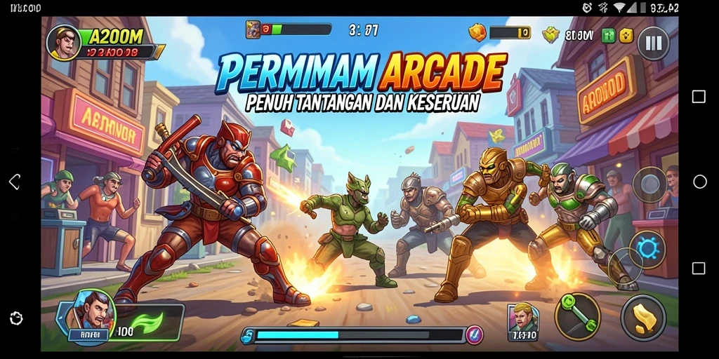 Screenshot utama A200M menampilkan gameplay Arcade yang seru dan penuh warna.