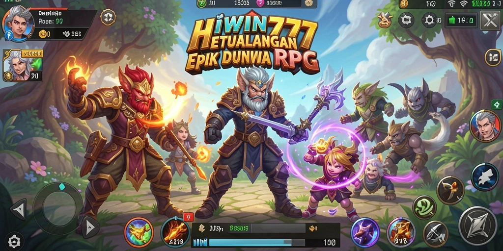 Tampilan gameplay epik HIWIN777 dengan karakter dan monster RPG.