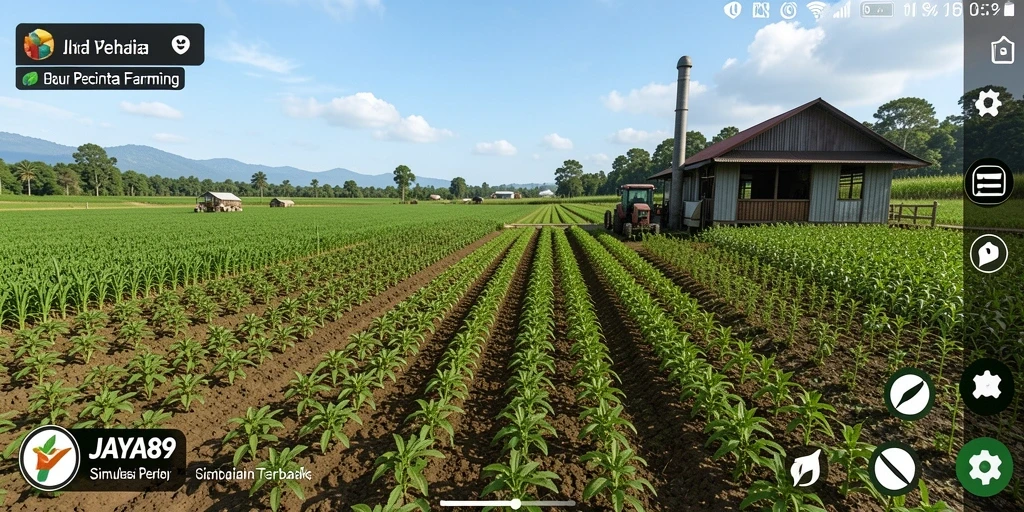 Tampilan gameplay JAYA89 dengan pertanian yang indah dan interaktif.