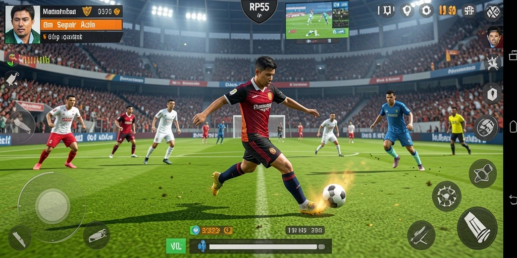 Tampilan gameplay RP55 yang mendebarkan dalam pertandingan sepak bola.